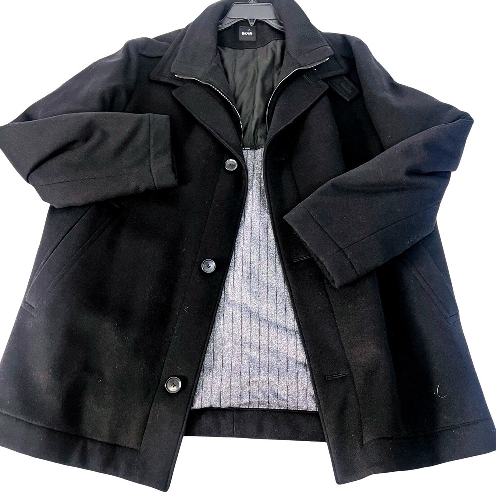 Hugo Boss Coxx-1 Pea Coat Mens 46R Black Cashmere Wool Zip Liner Winter Overcoat